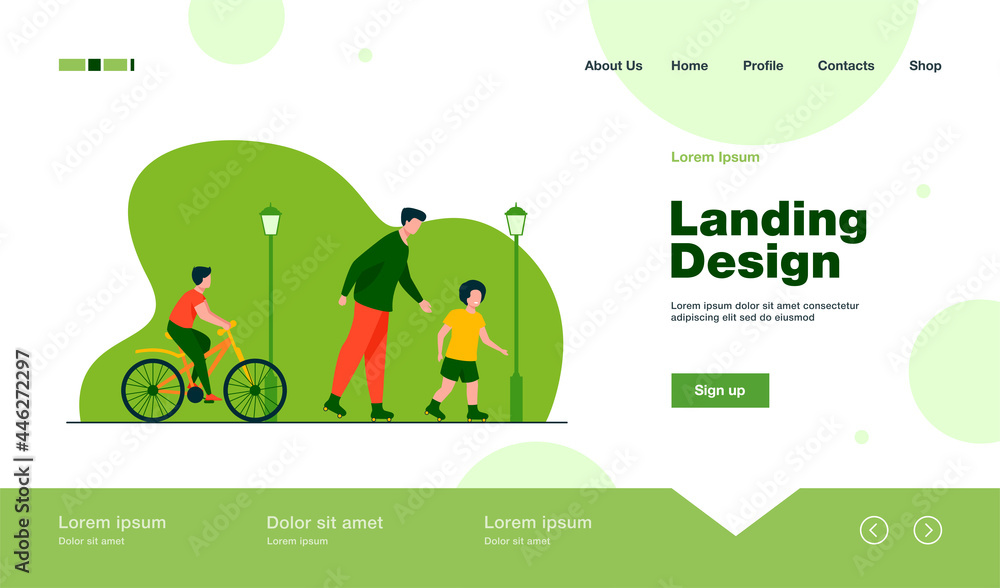 Happy kids and man rolling and cycling. Roller skates, bicycle, city flat vector illustration. Urban lifestyle and weekend concept for banner, website design or landing web page Happy kids and man rolling and cycling. Roller skates, bicycle, city flat vector illustration. Urban lifestyle and weekend concept for banner, website design or landing web page