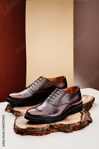 Brown leather men's shoes in classic style on a wooden cut. Close-up. High quality photo