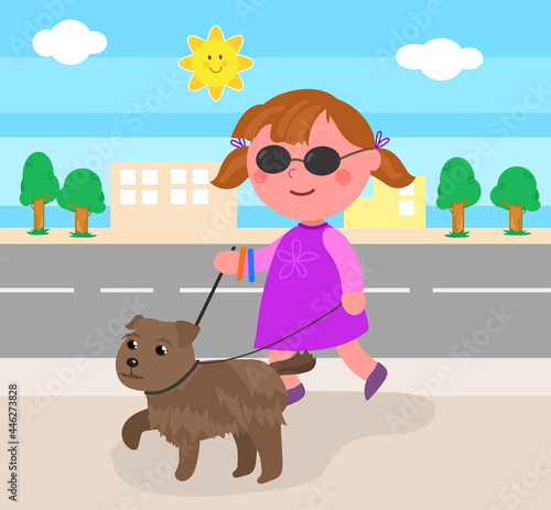 Cartoon blind girl walking on the street with guide-dog, vector illustration