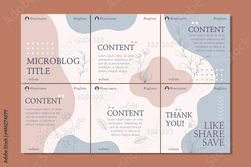 Microblog carousel slides template for social media with hand drawn floral elements, soft colors, for any business.