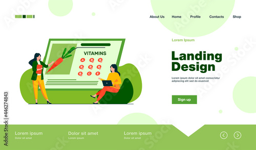 Women studying vitamins in organic food. Nutritionist presenting fresh vegetable on screen flat vector illustration. Healthy nutrition, diet concept for banner, website design or landing web page