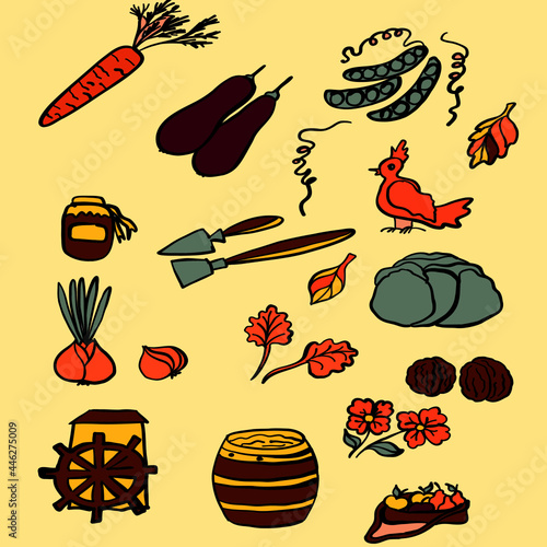 farm harvest, autumn harvest on the farm, eggplant, nuts,carrots, mill, bird, barrel of honey, barrel of kvass, barrel of mead, peas, calendula, acorns, oak leaves, autumn leaves, sapka, hoe, shovel, 