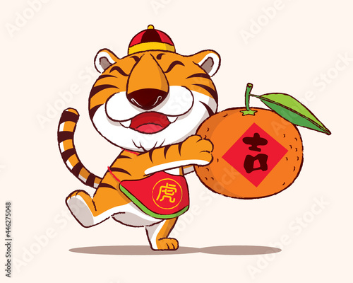 Happy Chinese New Year 2022. Cartoon cute tiger wears hat and belly wrap holding big tangerine mandarin stick with calligraphy paper.