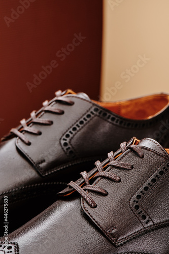 Brown leather men's shoes in classic style close-up. High quality photo