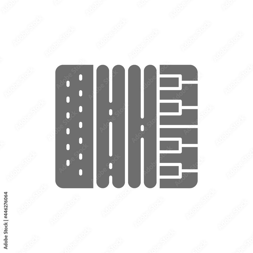 Vector accordion, harmonica, musical instrument grey icon.