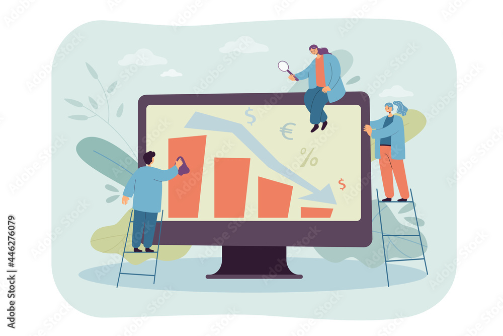 Tiny people analyzing decreasing statistics. Bar graphs on computer screen flat vector illustration. Finance, business, economy concept for banner, website design or landing web page Tiny people analyzing decreasing statistics. Bar graphs on computer screen flat vector illustration. Finance, business, economy concept for banner, website design or landing web page