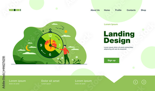 Man moving clock arrows and managing time. Planet, night and day in background. Vector illustration for circadian rhythms, daily routine, morning and evening change, planet movement concept