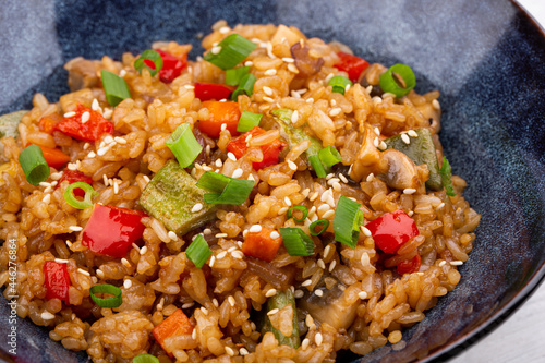 chicken breast, rice, carrots, onions, Bulgarian pepper, ginger, cilantro, soy sauce