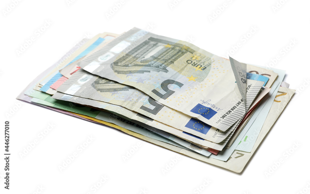 Pile of different Euro banknotes on white background Pile of different Euro banknotes on white background