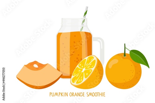 Pumpkin orange smoothie. Autumn seasonal products. Piece of Pumpkin, orange fruit, smoothie mug with orange liquid. Food and drinks isolated. For menu for healthy eating. Fresh energetic drink.