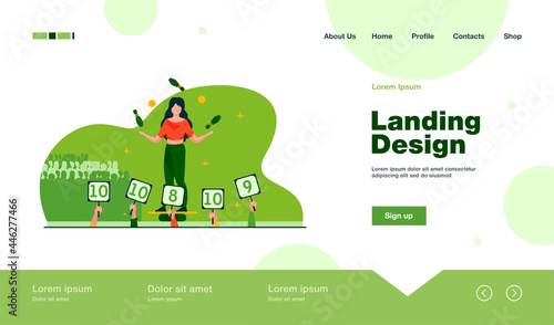 Girl balancing and juggling with balls and skittles. Judges rising signs with scores flat vector illustration. Talent show  performance concept for banner  website design or landing web page