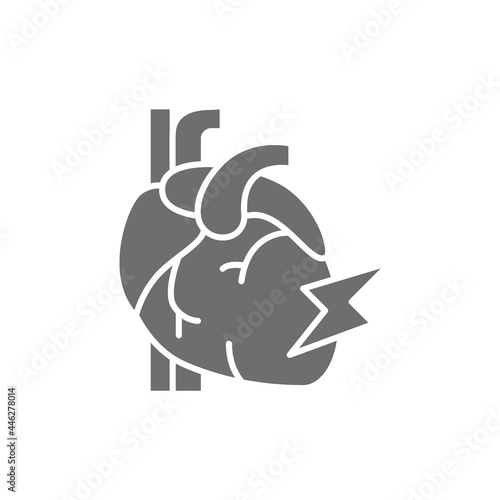 Vector heart attack, myocardial infarction grey icon.