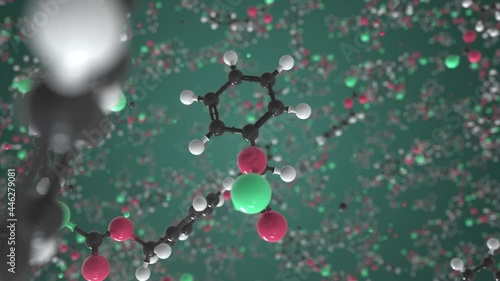 Benzyl chloroformate molecule, conceptual molecular model. Scientific looping 3d animation photo