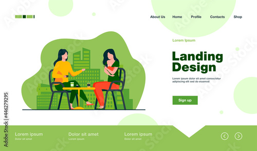 Cheerful women sitting in cafe with newborn. Baby, mother, breast flat illustration. Motherhood and lactation concept for banner, website design or landing web page