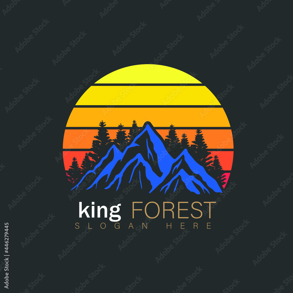 Camping Logo Design. Wild Sunset Scene With Forest, Mountain And Sun.