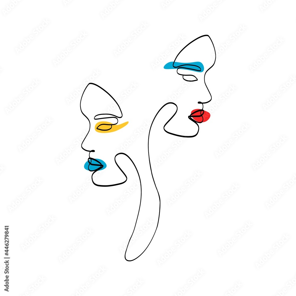 One line two faces. Abstract continuous line drawing female portraits