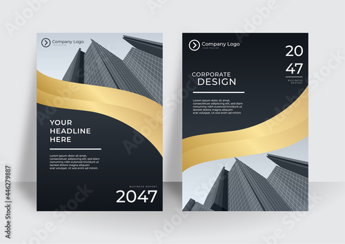 Modern gold black cover design set. Luxury creative line pattern in premium colors: black, gold and white. Formal vector for notebook cover, business poster, brochure template, magazine layout