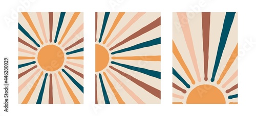 Abstract sun posters. Boho contemporary backgrounds modern mid century style. Geometric wall decor, vector illustration
