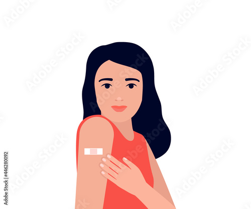 Young woman after vaccination show arm with patch. Protection hand with bandage after receiving inoculation. Concept vaccine coronavirus. Vector illustration