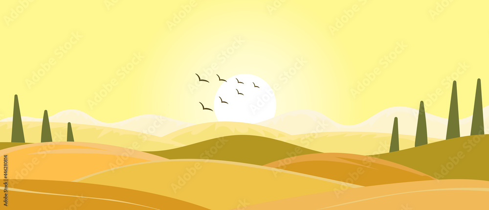 Autumn panoramic landscape in flat cartoon style, splash for cover or postcard. Nature of mountains and fields, template for the seasonal calendar.