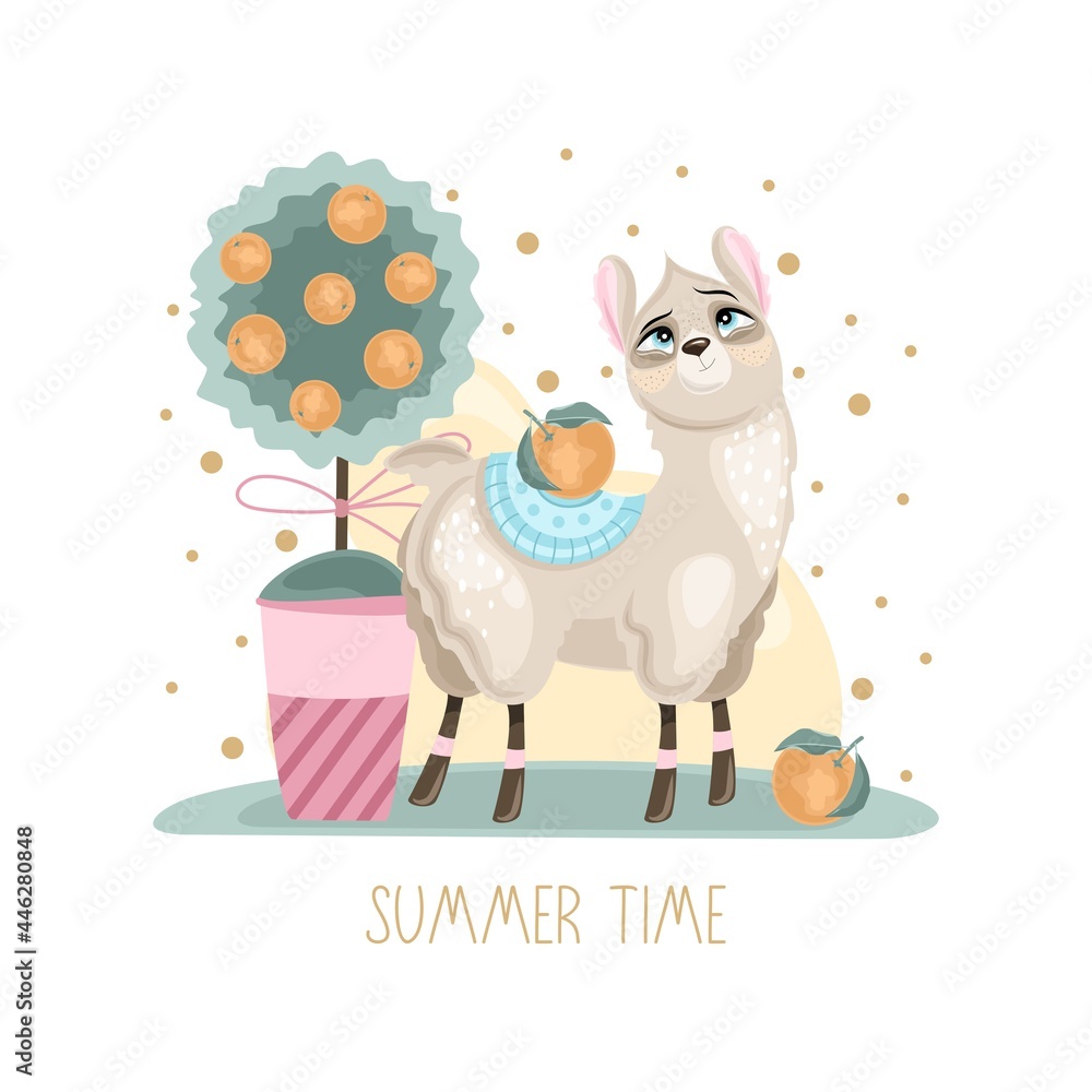 Obraz premium Summer postcard with a cute Llama on a beautiful background. A handwritten greeting. Vector illustration.