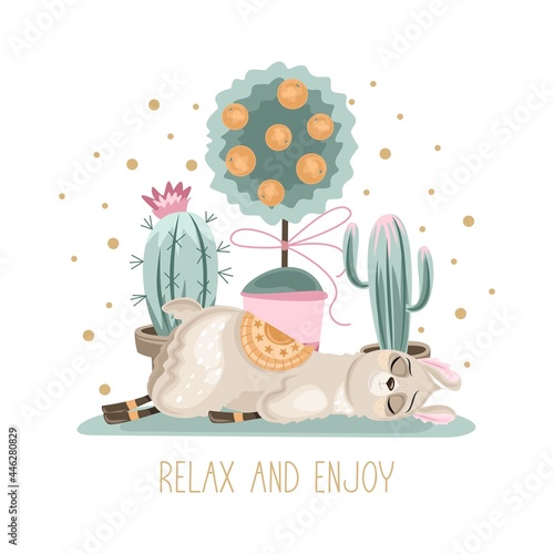 Summer postcard with a cute Llama on a beautiful background. A handwritten greeting. Vector illustration.