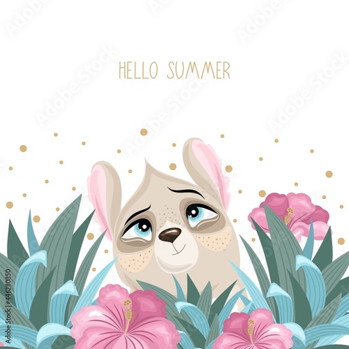 Summer postcard with a cute Llama on a beautiful background. A handwritten greeting. Vector illustration.
