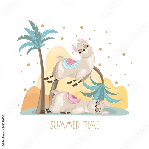 Summer postcard with a cute Llama on a beautiful background. A handwritten greeting. Vector illustration.