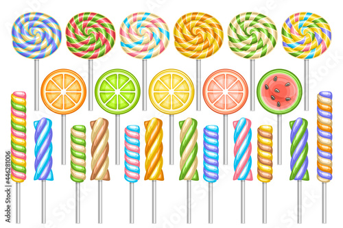 Vector set of Lollipops, lot collection of 23 cut out illustrations of different curly and swirly tasty lollipops on sticks, group of many isolated fruity candies for christmas on white background.