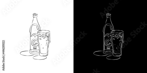 Bottle and glass beer together in hand drawn style. Two kinds beverage outline images. Restaurant illustration for celebration design. Retro sketch. Line art. Isolated on white background