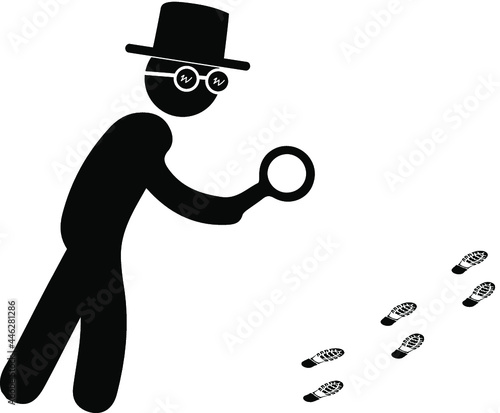 Detective investigate is following footprints. Man with loupe search footstep Vector illustration.