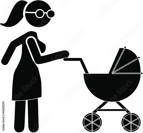 Woman with pram pictogram flat icon isolated on white background