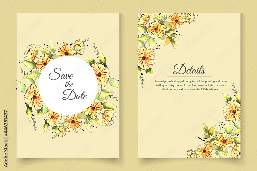 Beautiful wedding invitation card template with yellow watercolor floral