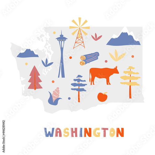 USA map collection. State symbols and nature on gray state silhouette - Washington. Cartoon simple style for print