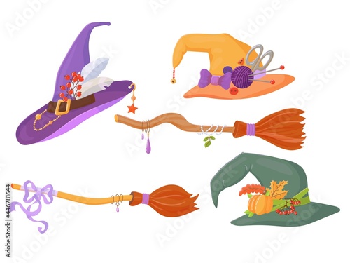 Two Broomsticks for a witch with ornaments and a set of hats. Halloween costume item. Decor element. Vector illustration isolated on white background.