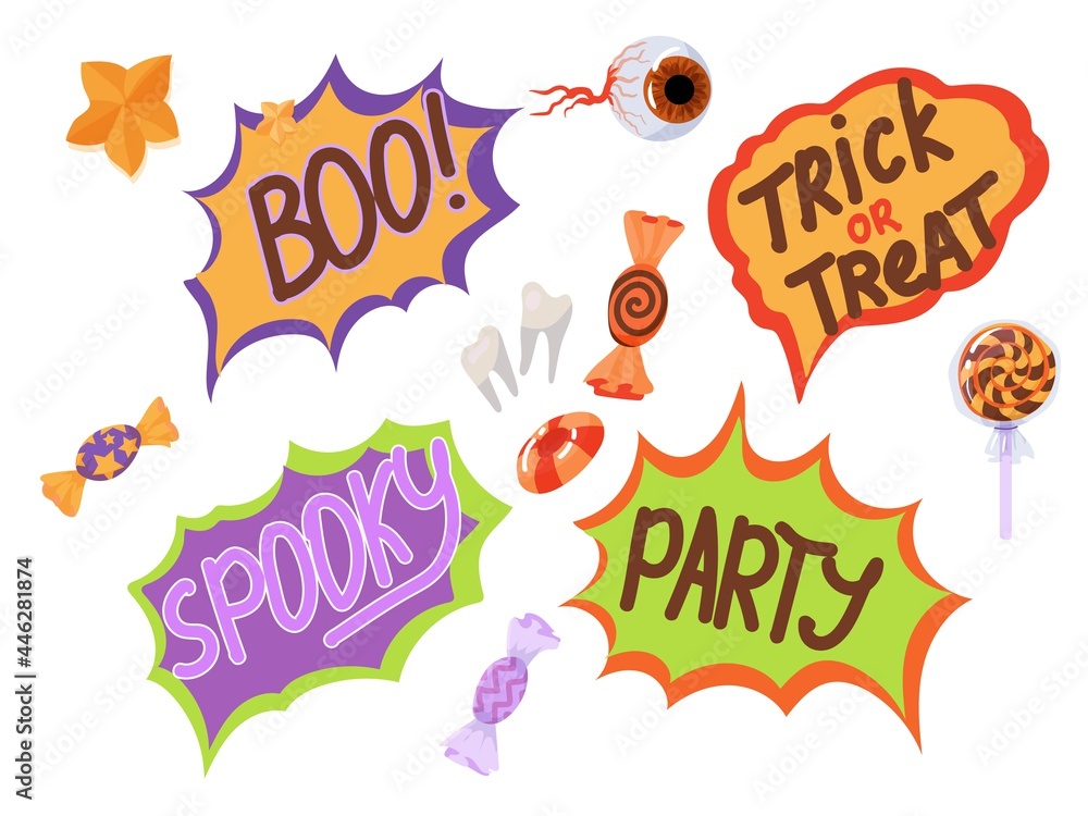 Fototapeta premium Candy, costumes, magical and creepy items. A large set of Elements for the celebration of Halloween. Vector illustration isolated on white background.