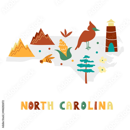 USA map collection. State symbols and nature on gray state silhouette - North Carolina. Cartoon simple style for print