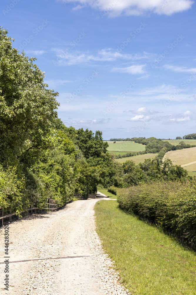 Campden Lane (an ancient drovers road) now a bridleway on the Cotswold Hills near the hamlet of Farmcote, Gloucestershire UK