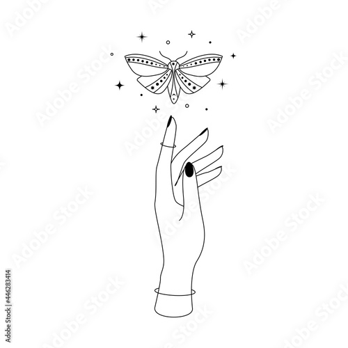 Mystic celestial night butterfly with constellation stars over woman hand outline silhouette. Vector illustration of Witch moth and Magic symbol