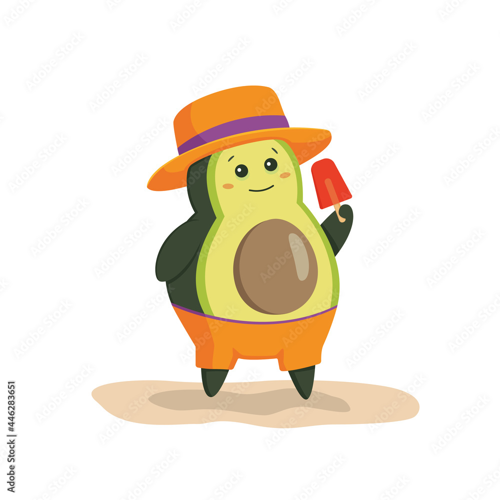 Fototapeta premium Avocados on the beach. Avocado character with ice cream hat standing on the beach.