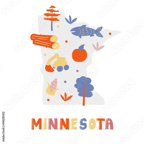 USA map collection. State symbols and nature on gray state silhouette - Minnesota. Cartoon simple style for print