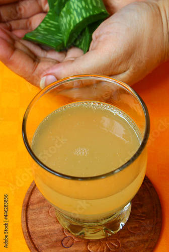 Aloe vera juice in a glass and a female hand holding sliced aloe leaf