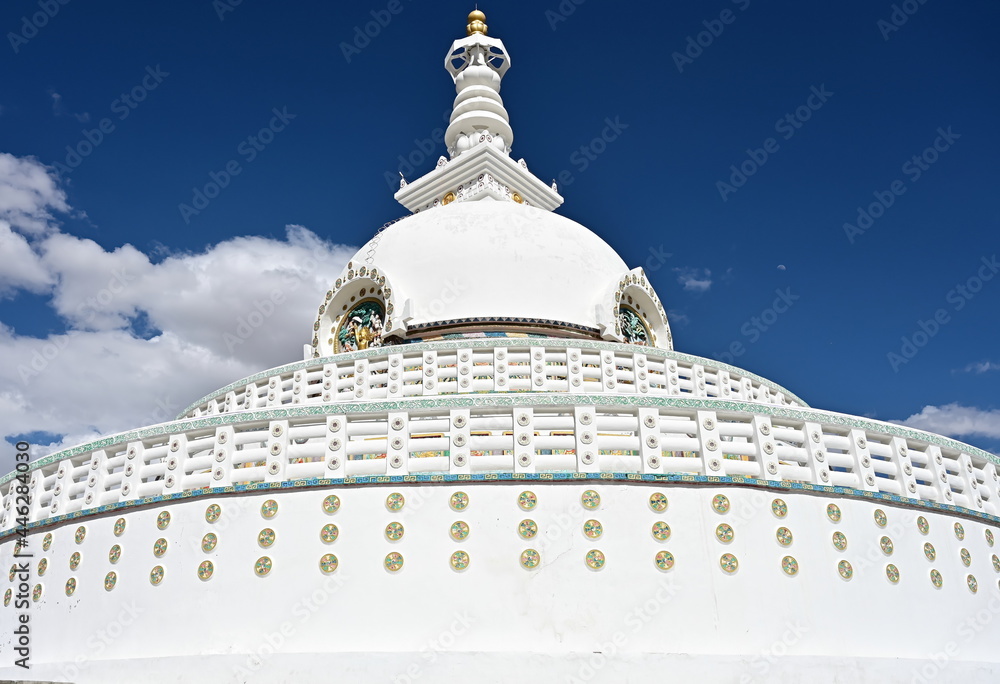 Shanti Stupa, Buddhist white-domed stupa (chorten) on a hilltop in Chanspa, Leh district, Ladakh, of the north India. 

