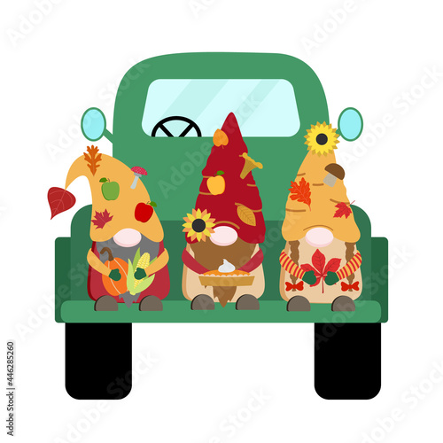 Cute harvest autumn colors vector gnomes in green vintage pickup truck with orange pumpkin, ear of corn, pie with cream, fall leaves, mushrooms. Isolated on white background.