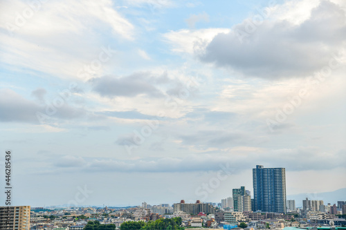 Tokyo Japan cityscape background oh the cloudy day. In the image compose of Japan residential area and building, apartment and condominium with cloudy sky as a background also a copy space area left.