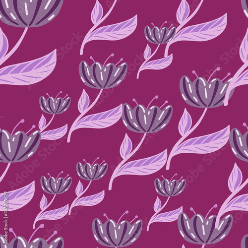 Random floral seamless pattern with doodle poppy flower ornament. Bright purple background. Natural print.