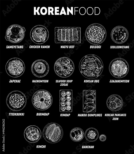 Korean food illustration. Set of korean food dishes. Hand drawn sketch collection. Korean street food, take away menu design elements. Traditional cuisine. Vector illustration.