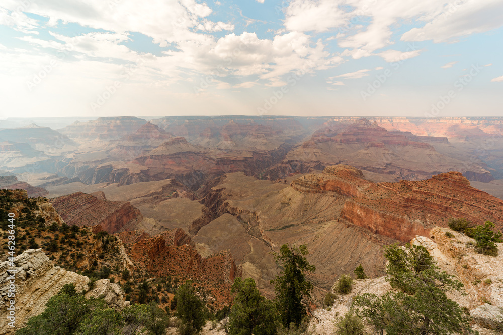 The Grand Canyon, South Rim with haze in a film style and subtle colors
