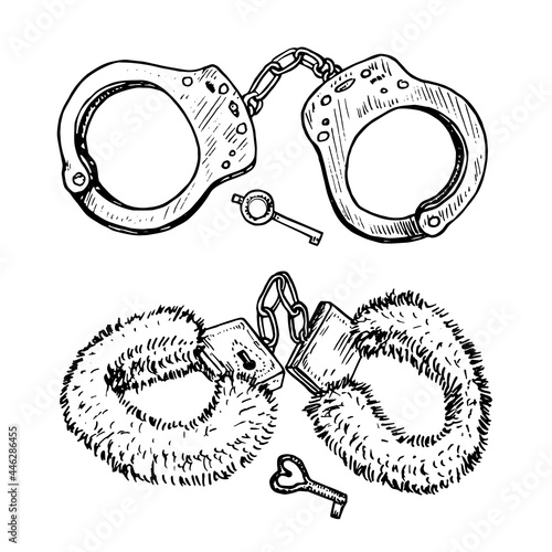 Handcuffs and key, fluffy handcuffs and heart shape key, gravure style ink drawing illustration isolated on white