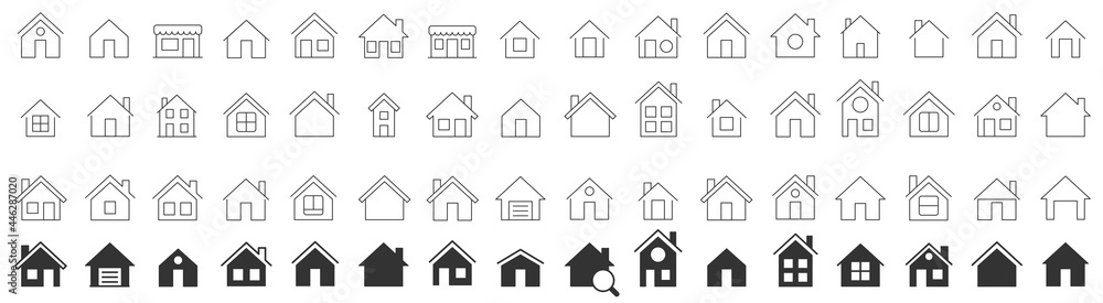 Home line icon set. Set of 100 House icons. Smart home icon set. Estate line icons. Rent, building, agent, house, auction, realtor. Vector illustration.
